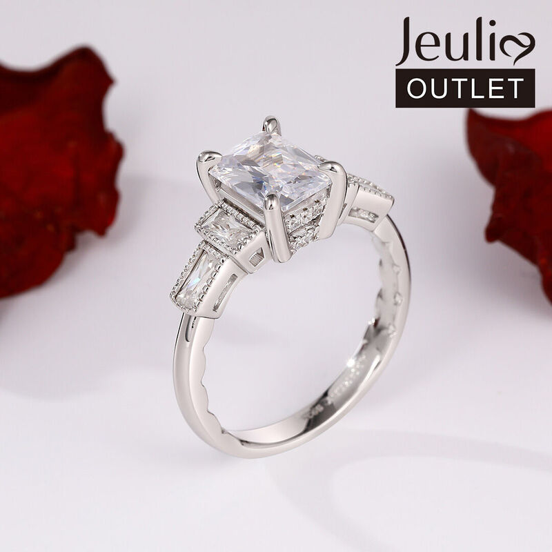 Jeulia Three Stone Emerald Cut Sterling Silver Ring