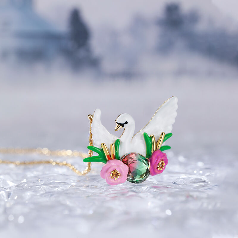 Jeulia "Love and Peace" Swan with Flower Enamel Sterling Silver Necklace