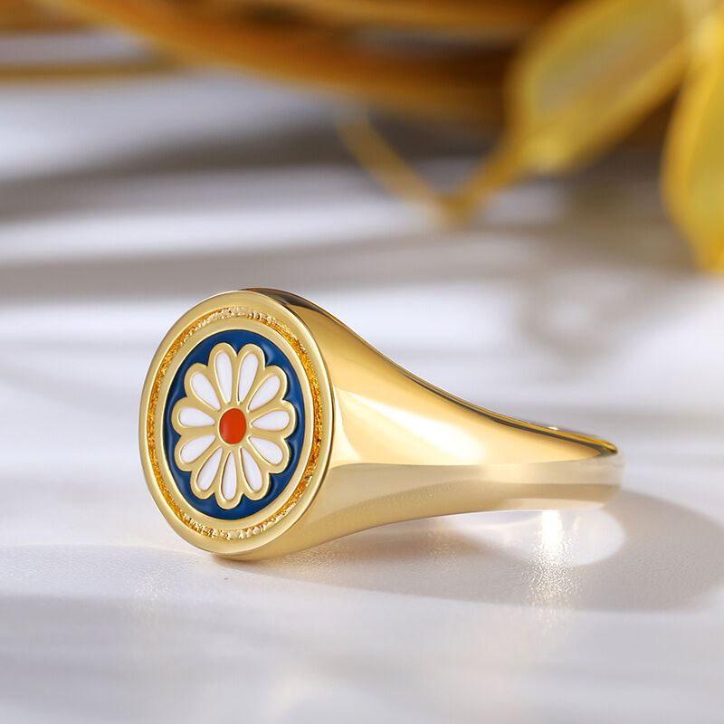 Jeulia Enamel Daisy Signet Sterling Silver Ring