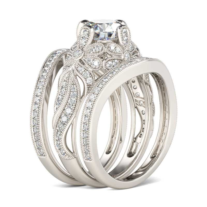 Jeulia Conjunto De Anillos Floral Milgrain De Talla Redonda En Plata De Ley