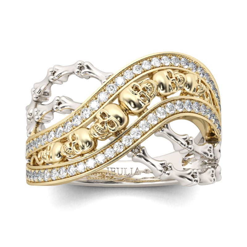 Jeulia Two Tone Crossover Sterling Silver Skull Ring