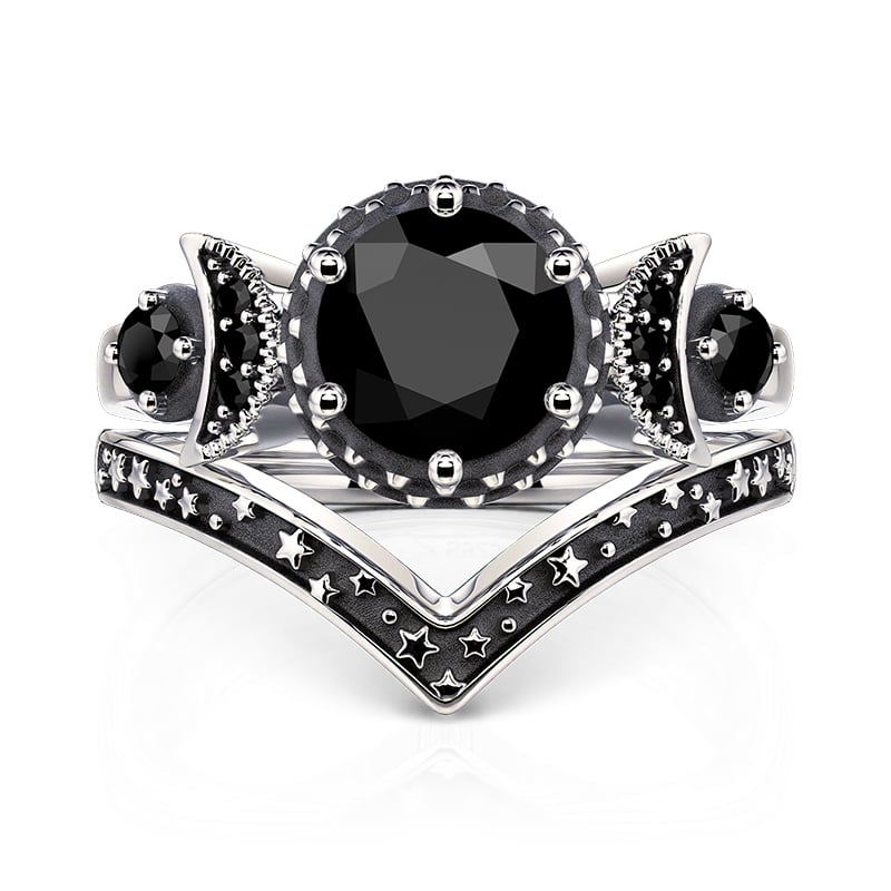 Jeulia Dark Moon and Star Aged Ring Set