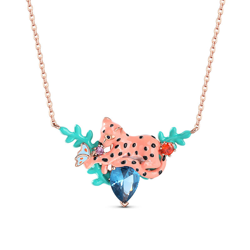 Jeulia "Wild Dream" Leopard with Butterfly Enamel Sterling Silver Necklace