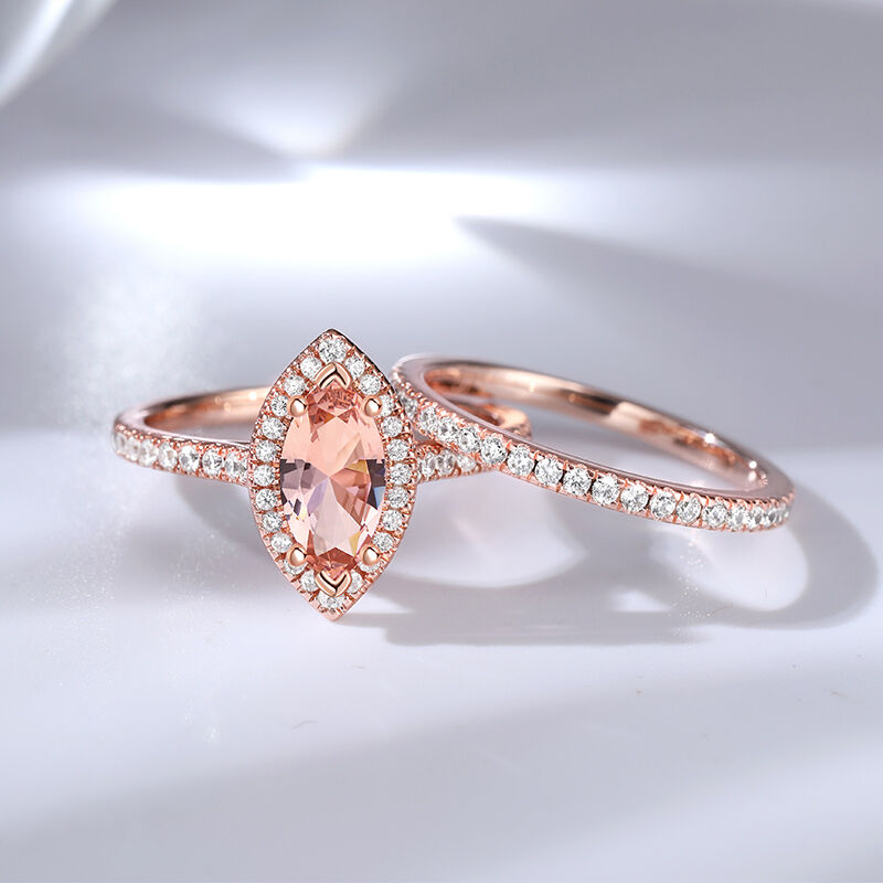 Jeulia Halo Marquise Cut Synthetic Morganite Sterling Silver Ring Set