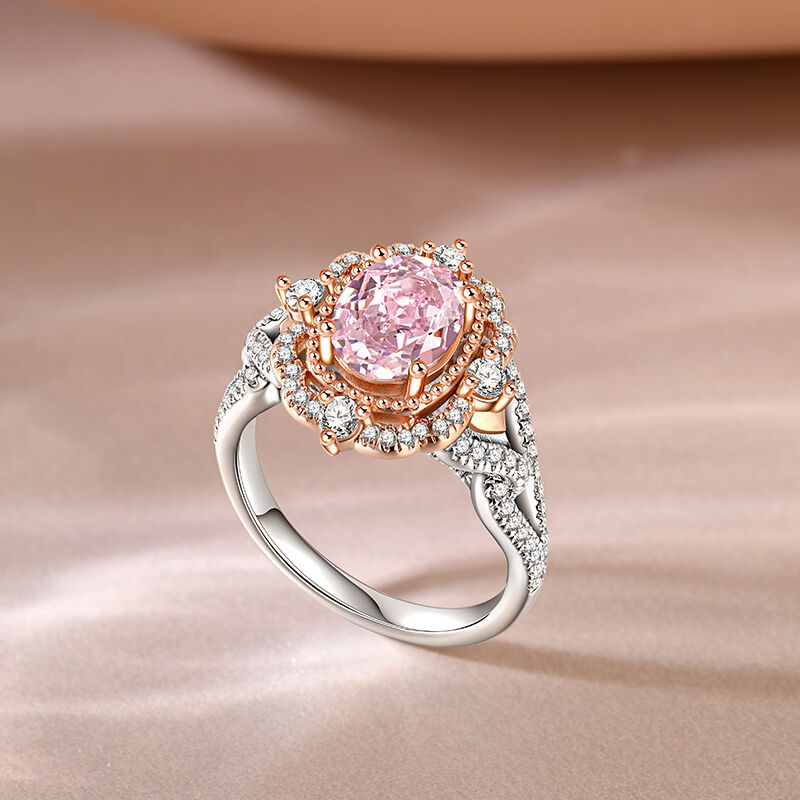 Jeulia "Princess Aura" Two Tone Halo Oval Cut Synthetic Morganite Sterling Silver Ring