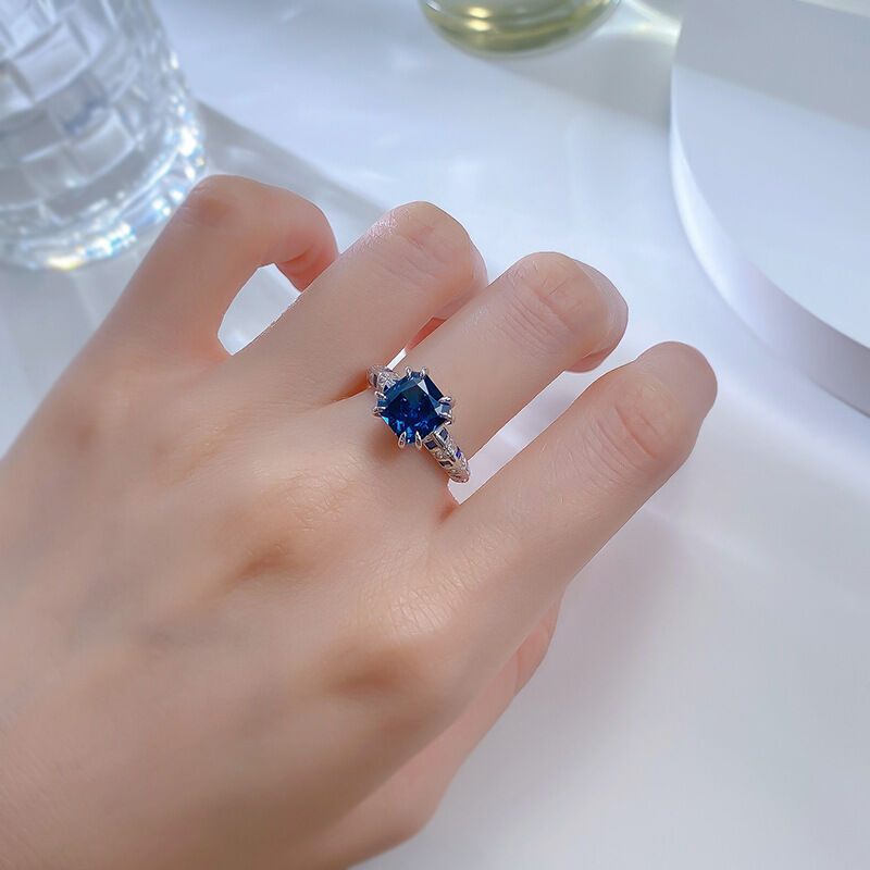 Jeulia Royal Blue Radiant Engagement Ring Two Tone Sterling Silver