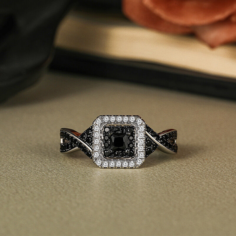 Jeulia Double Halo Black Engagement Ring Sterling Silver