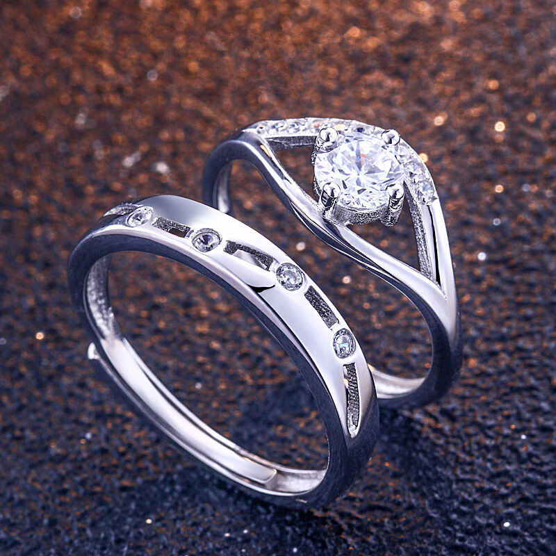 Jeulia Classic Round Cut Sterling Silver Adjustable Couple Rings