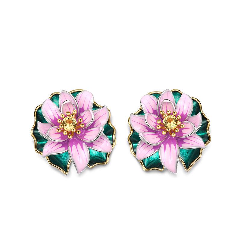 Jeulia "Lotus Flowering" Water Lilies Inspired Enamel Sterling Silver Earrings