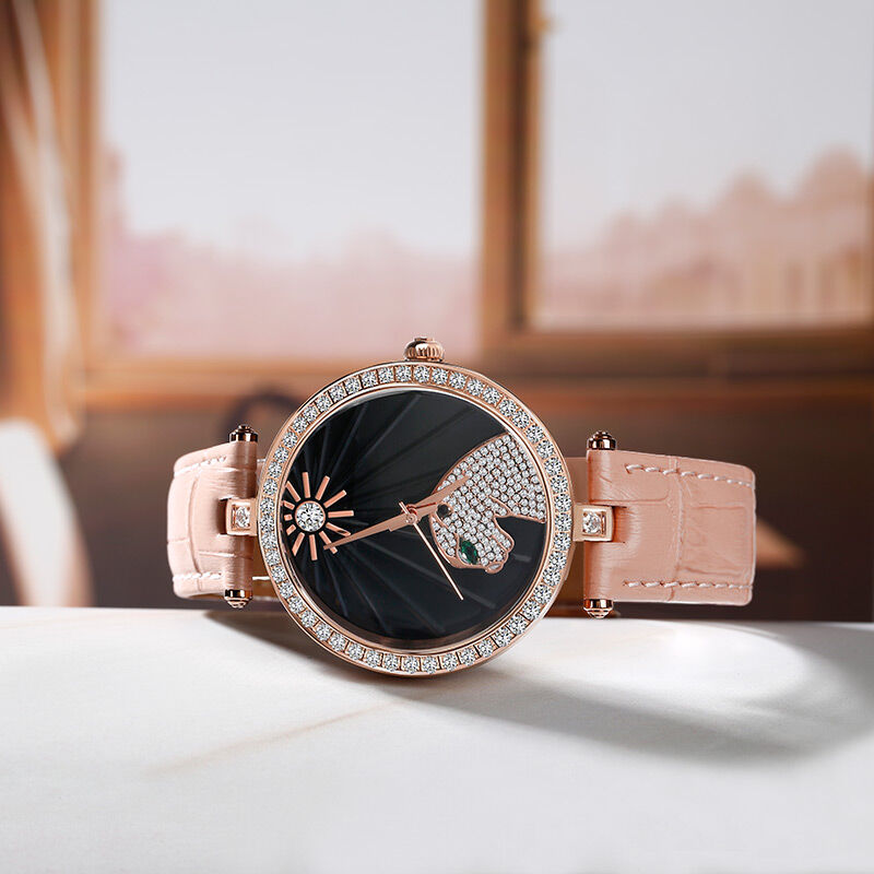 Jeulia "Wild Beauty" Leopard Quartz Pink Leather Watch with Black Dial