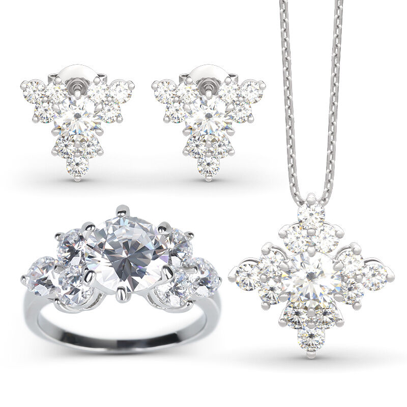 Sparkling Cluster Round Cut Sterling Silver Jewelry Set