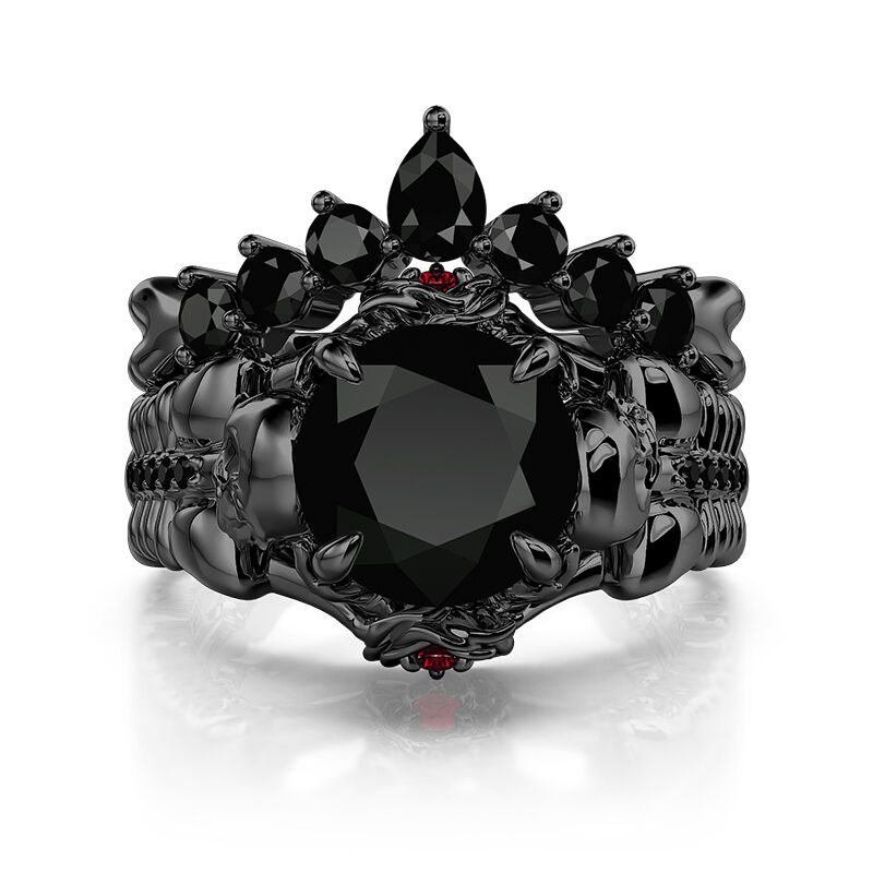 Jeulia Ruby Rose Black Skull Wedding Ring Set Sterling Silver