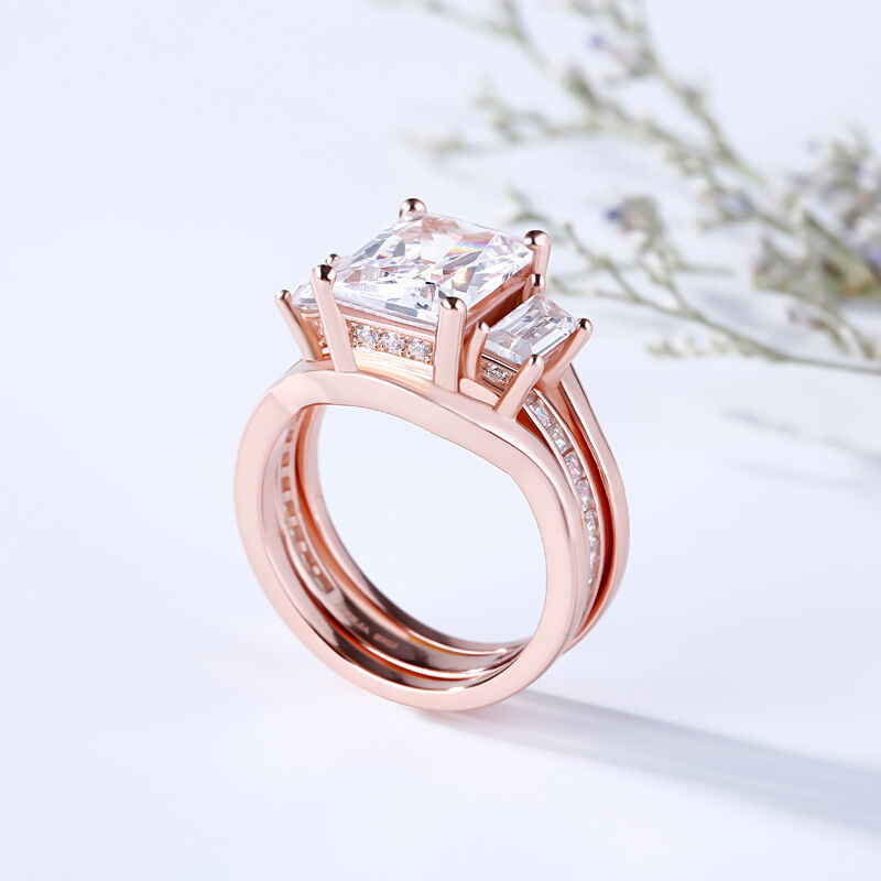 Jeulia Interchangeable Rose Gold Tone Radiant Cut Sterling Silver Ring Set