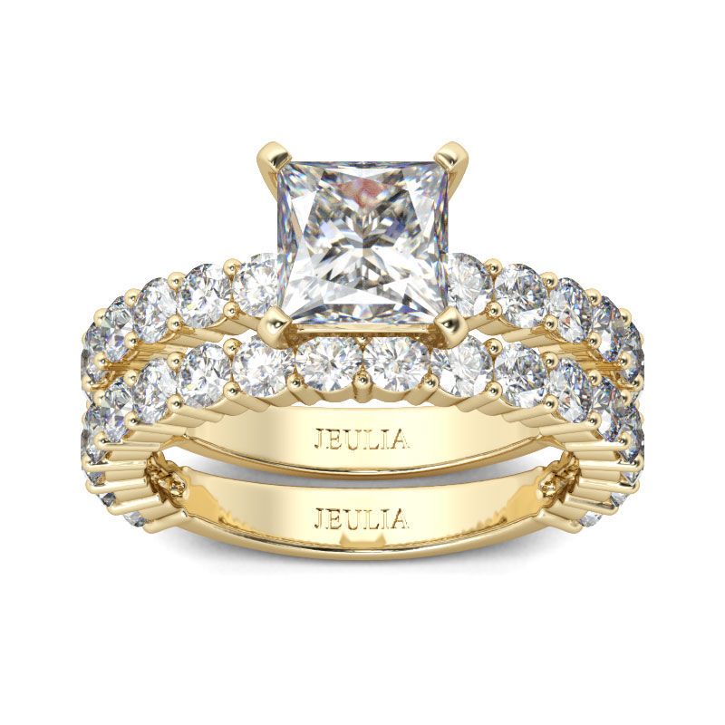 Jeulia Gold Tone Princess Cut Sterling Silver Ring Set