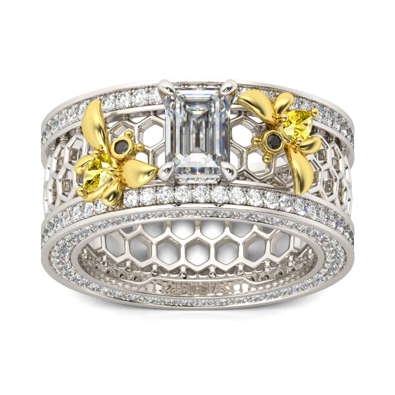Jeulia Two Bee Emerald Cut Sterling Silver Ring