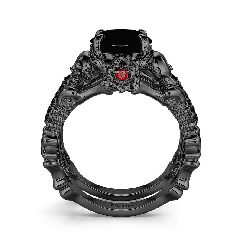 Jeulia Ruby Rose Black Skull Wedding Ring Set Sterling Silver