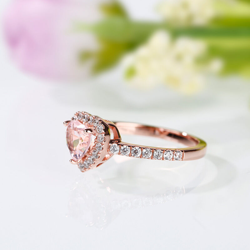 Jeulia Halo Heart Cut Synthetic Morganite Sterling Silver Ring