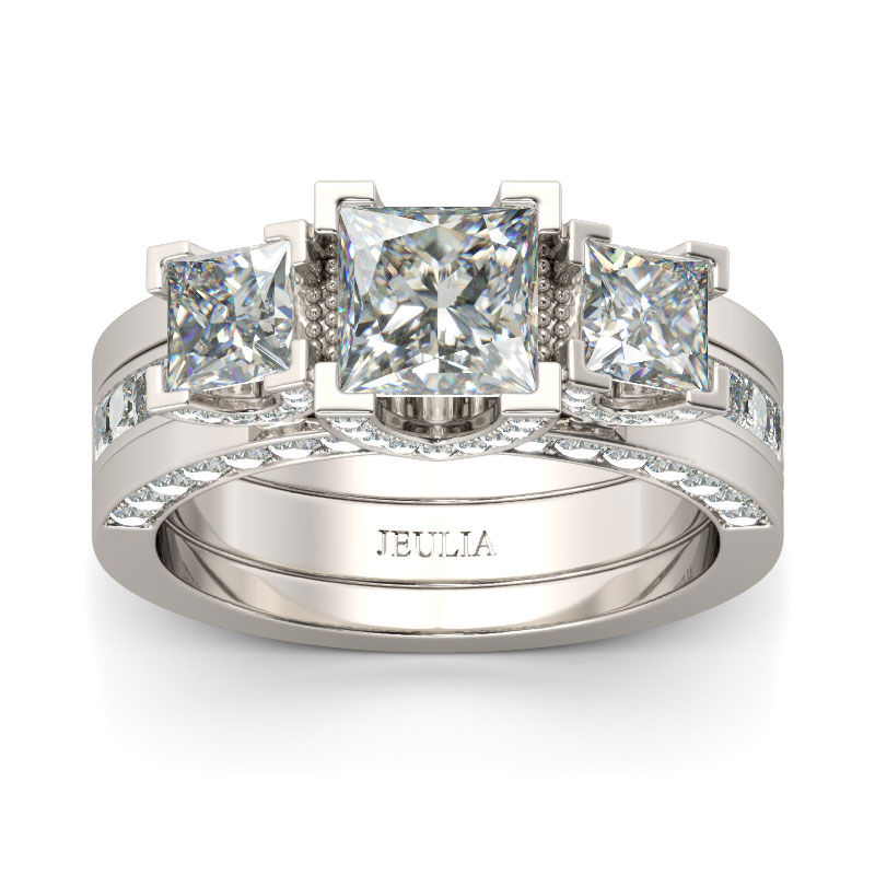 Jeulia Three Stone Interchangeable Princess Cut Sterling Silver Ring Set