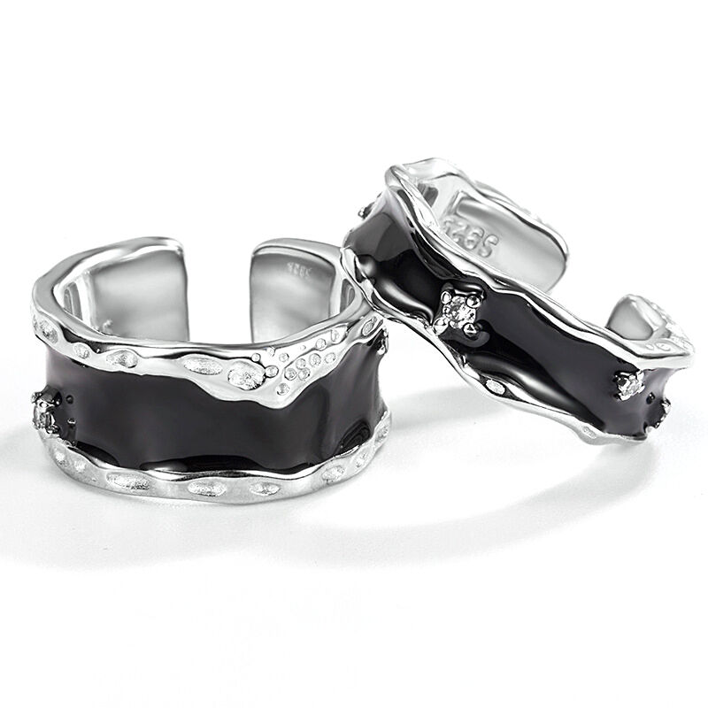Jeulia Black Enamel Sterling Silver Open Couple Rings