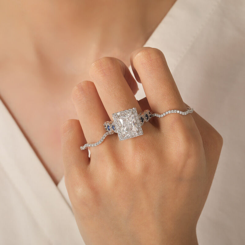Jeulia Set Anello Nuziale Taglio Radiante con Alone in Argento Sterling 3 Pezzi