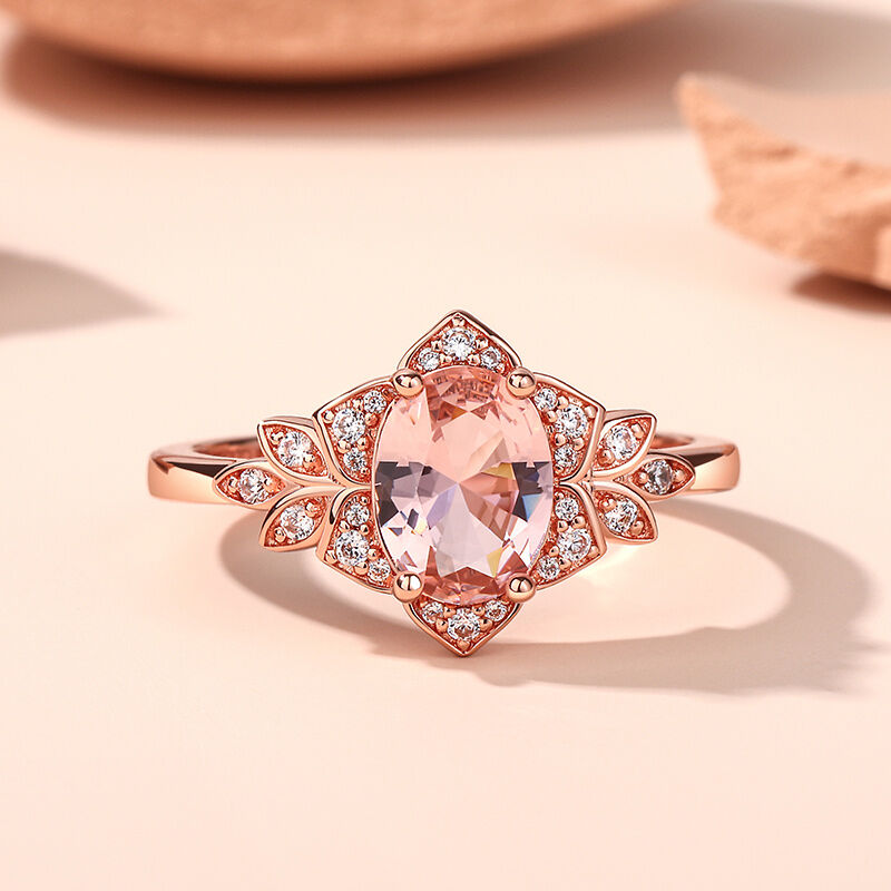 Jeulia Floral Halo Oval Cut Synthetic Morganite Sterling Silver Ring