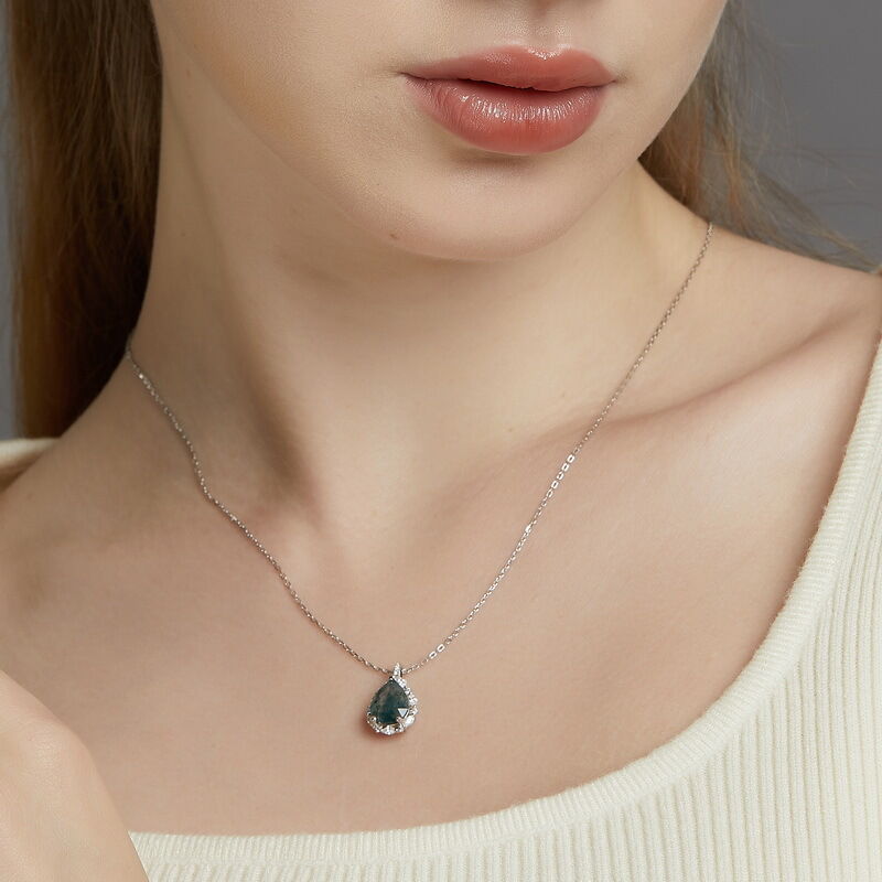 Jeulia Collier Classique en Agate Mousse Coupe Poire en Argent Sterling