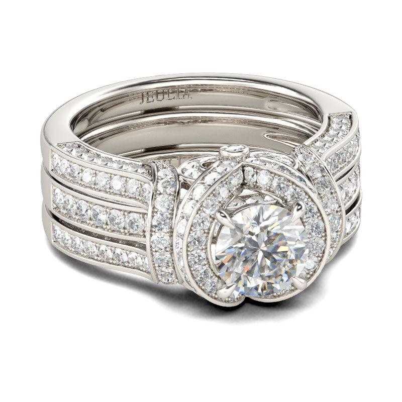 Jeulia Conjunto De Anillos Con Halo De Talla Redonda En Plata De Ley