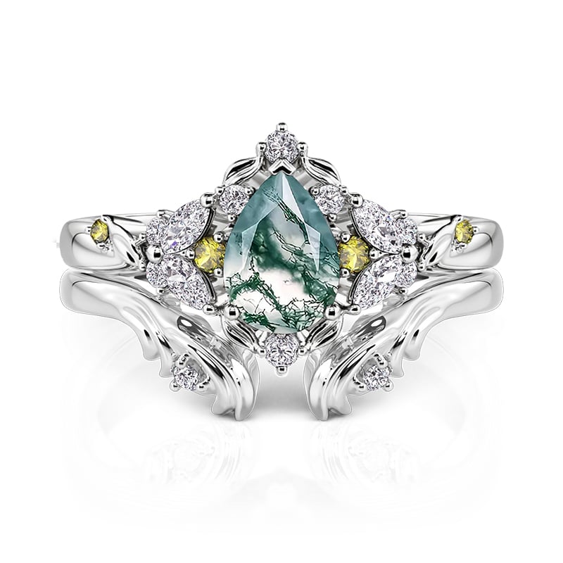 Jeulia Midsummer Night Mystery Forest Moss Agate Ring Set