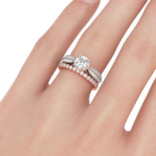 Jeulia Two Tone Milgrain Round Cut Sterling Silver Ring Set