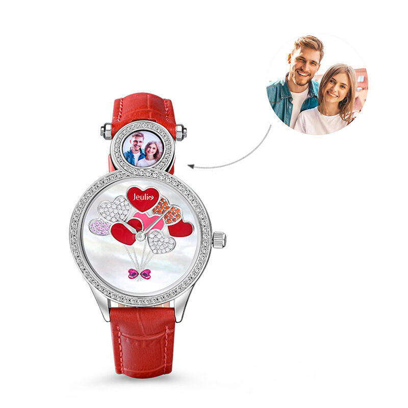 Jeulia Reloj de Mujer con Foto Personalizada y Globo en Forma de Corazón con Esfera de Nácar