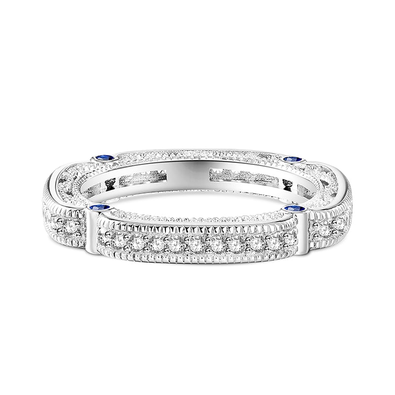 Jeulia "Lucky Blue Star" Vintage Beaded Scrollwork Wedding Band Sterling Silver