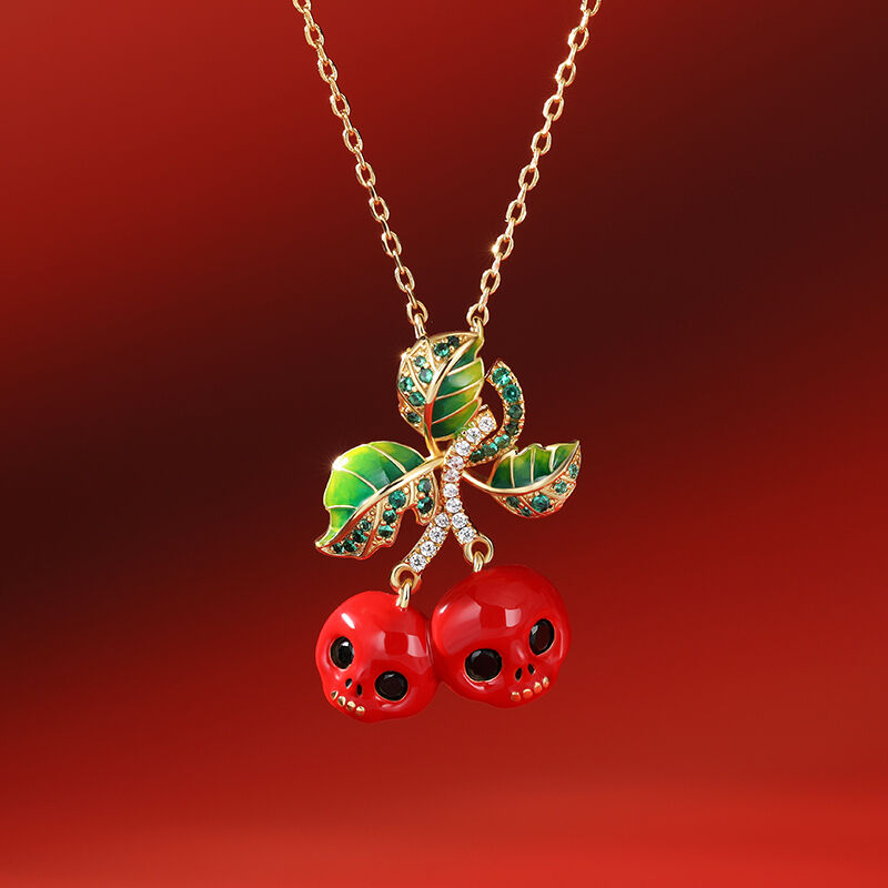 Jeulia "Danger Cherry" Skull Design Enamel Sterling Silver Necklace