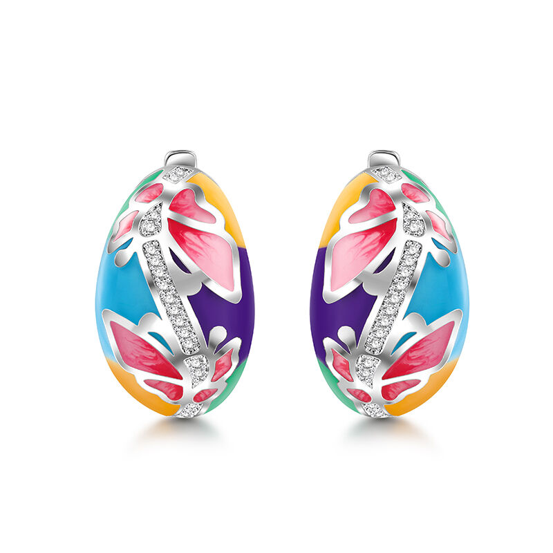 Jeulia "Natural Beauty" Butterfly & Flower Enamel Sterling Silver Hoop Earrings