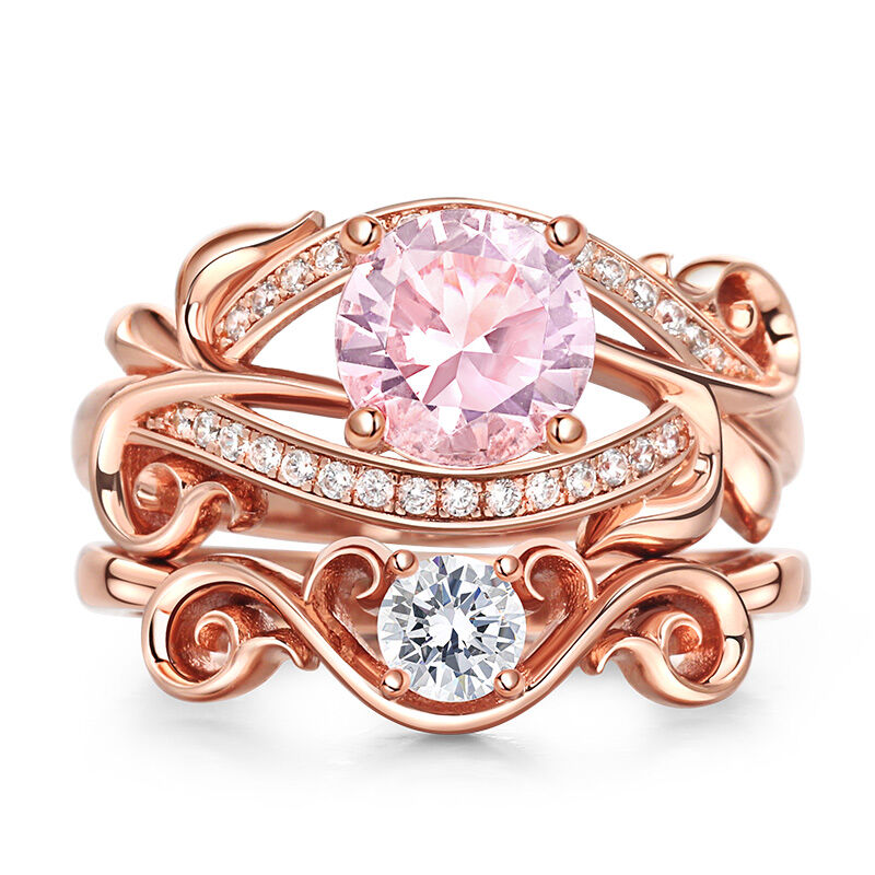 Jeulia "Art Deco" Round Cut Synthetic Morganite Sterling Silver Ring Set