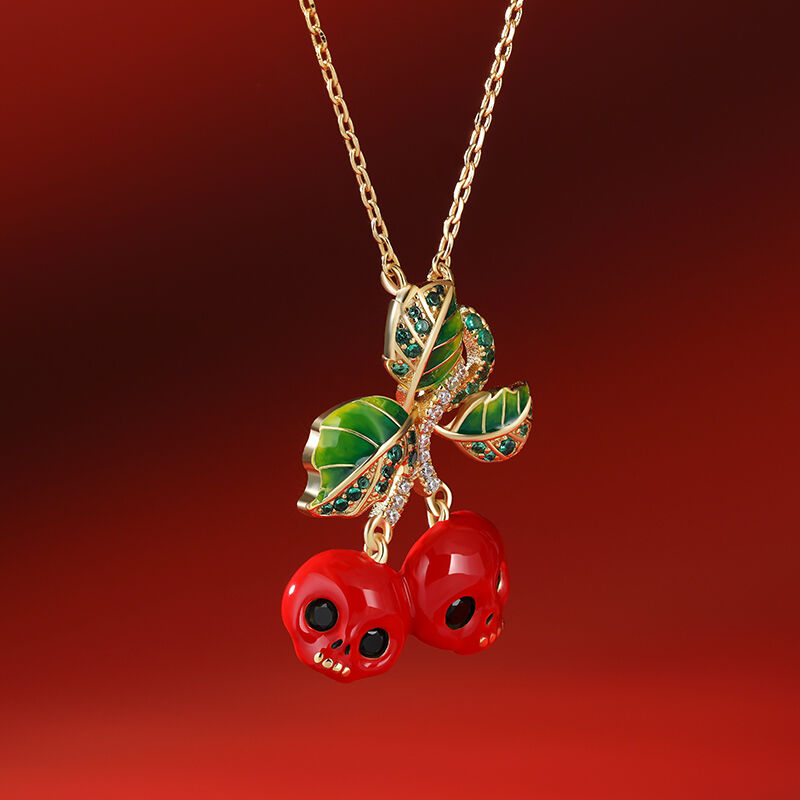 Jeulia "Danger Cherry" Skull Design Enamel Sterling Silver Necklace