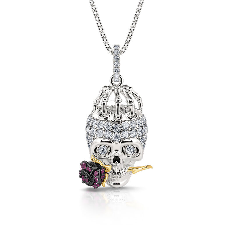 Jeulia "Forever Romance" Skull and Rose Flower Sterling Silver Necklace