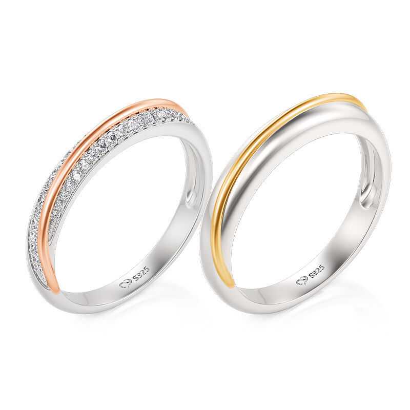 Jeulia Two Tone Slash Couple Ring Set Sterling Silver