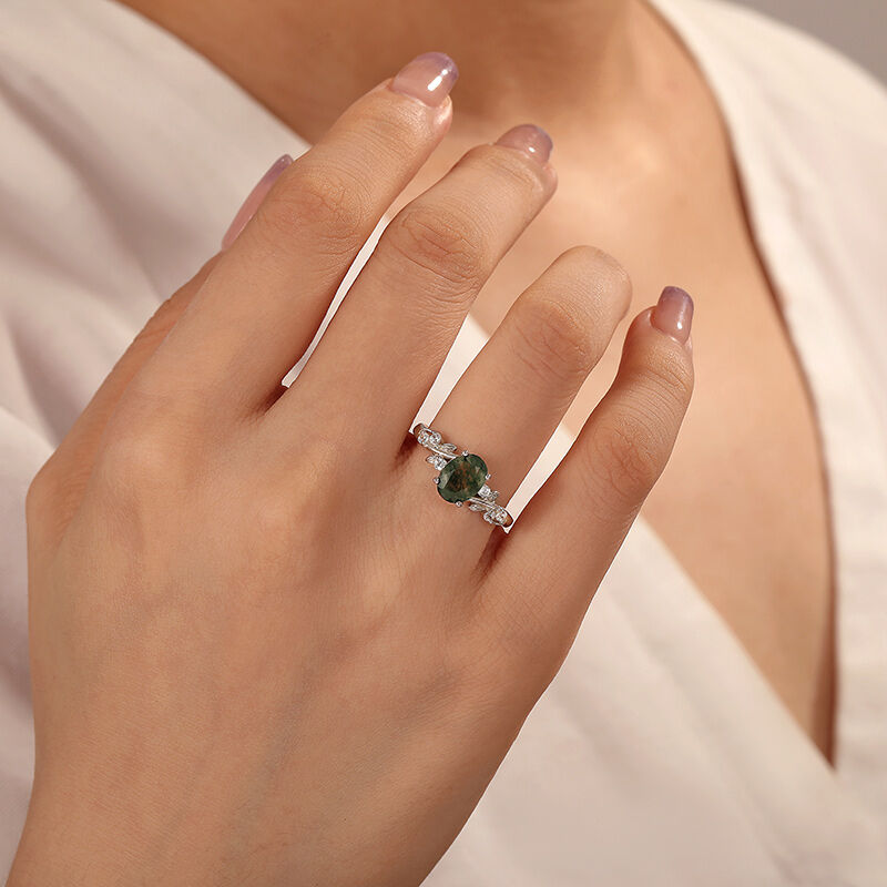 Jeulia Anillo de Compromiso Ovalado Hoja de Vid en Ágata Musgo