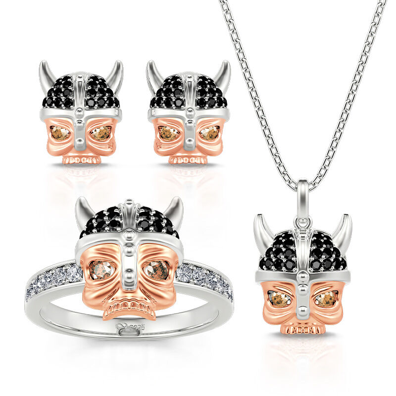 Jeulia "Horned Demon" Skull Design Two Tone Sterling Silver Jewelry Set