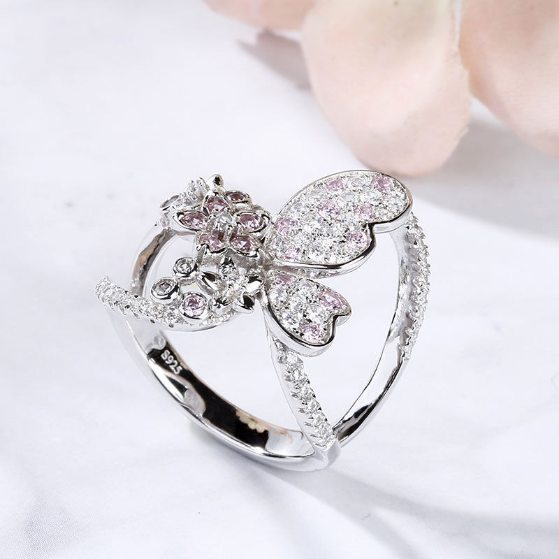 Jeulia Flower and Butterfly Sterling Silver Ring