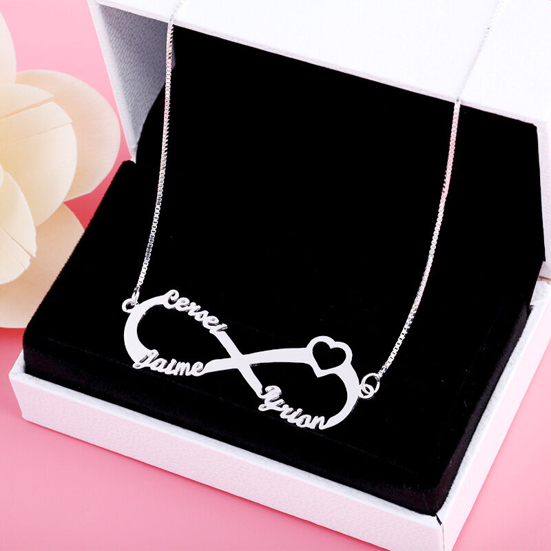 Jeulia Heart Shape Three Name Infinity Necklace Sterling Silver