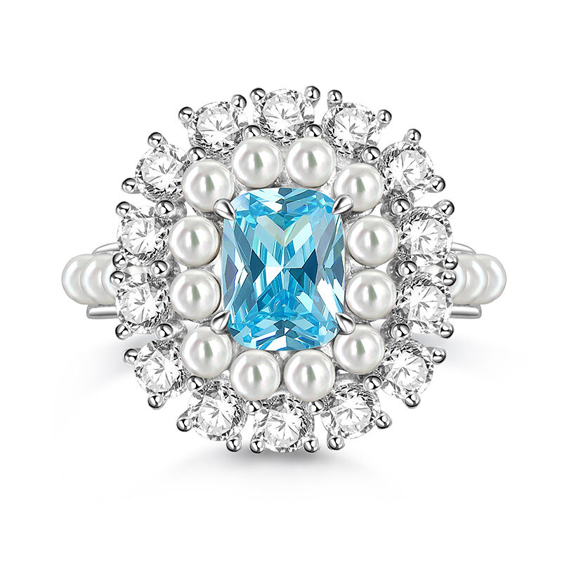 Jeulia Double Halo White Pearl Aquamarine Ring Sterling Silver