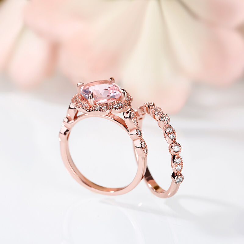 Jeulia Floral Halo Cushion Cut Synthetic Morganite Sterling Silver Ring Set