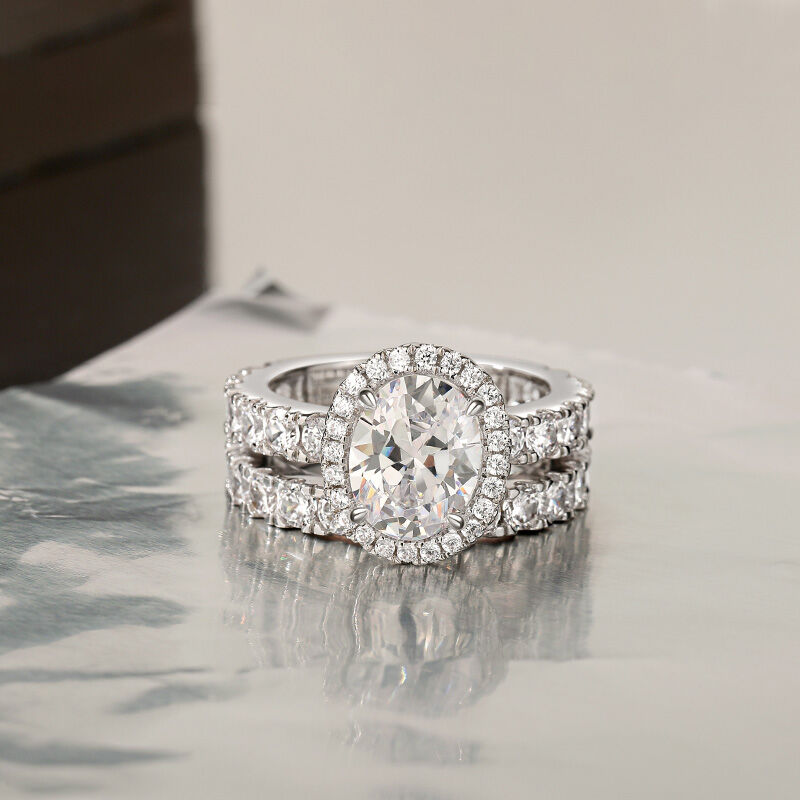 Jeulia Classic Halo Oval Cut Engagement Ring Set Sterling Silver