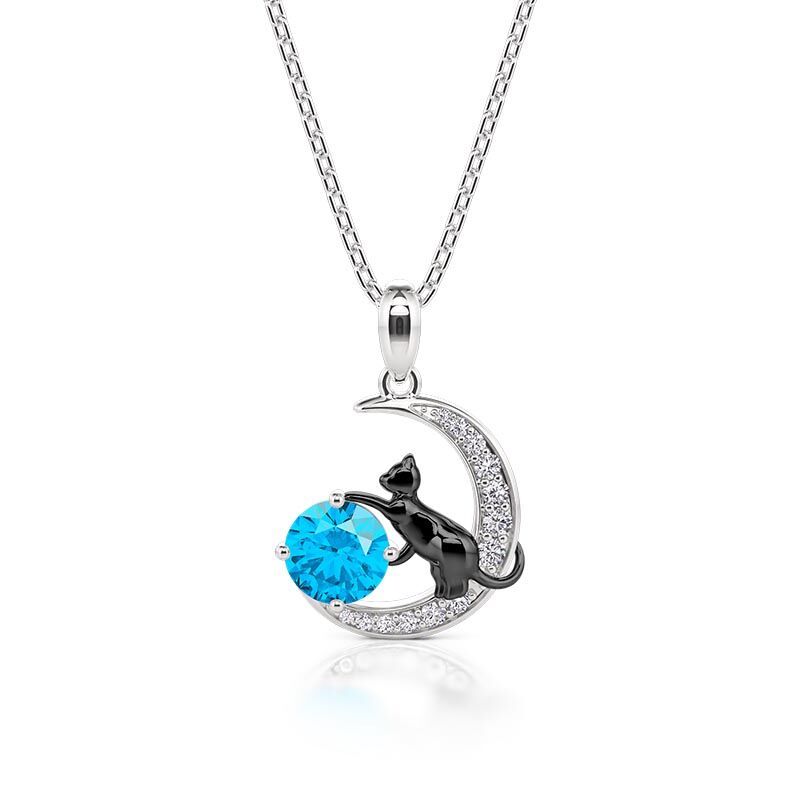 Jeulia Collar Personalizado con Gato Negro en la Luna con Piedra Natal de Plata Esterlina
