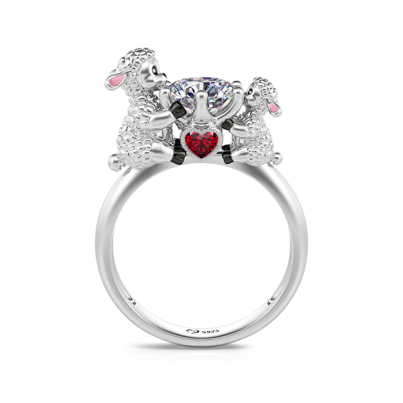 Jeulia Hug Me "Innocent Childhood" Mom and Baby Sheep Round Cut Sterling Silver Ring