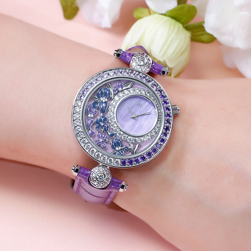 Jeulia Reloj de mujer de piel púrpura con cuarzo con diseño de flor
