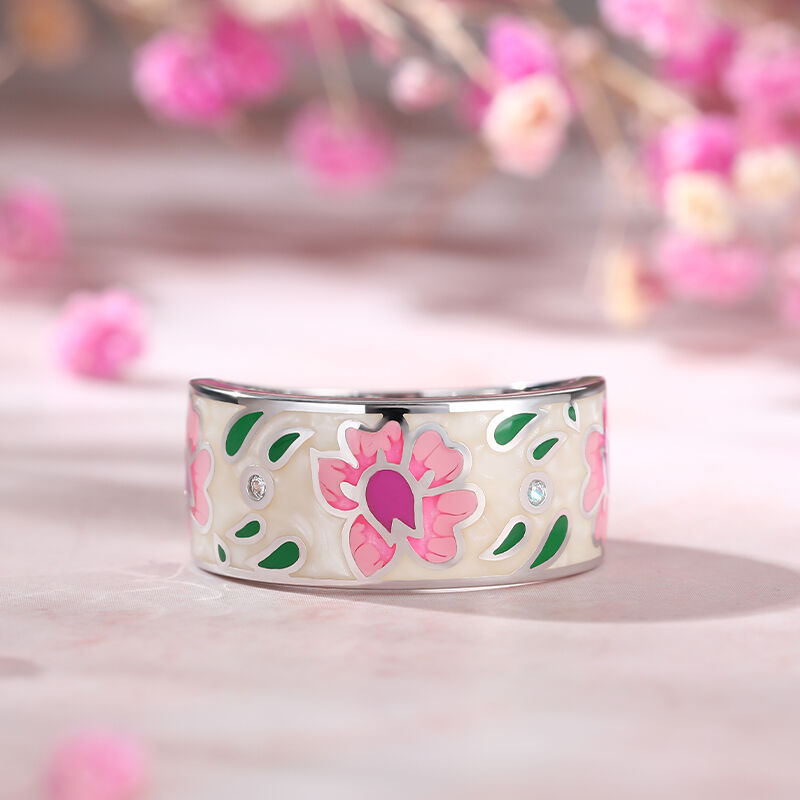 Jeulia "Shine Like the Sun" Floral Enamel Sterling Silver Women's Band