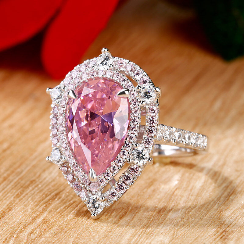 Jeulia Double Halo Pear Cut Pink Stone Sterling Silver Ring