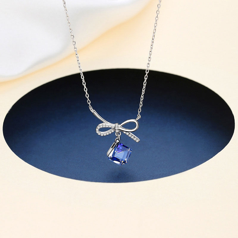Jeulia Bowknot with Sapphire Stone Sterling Silver Necklace